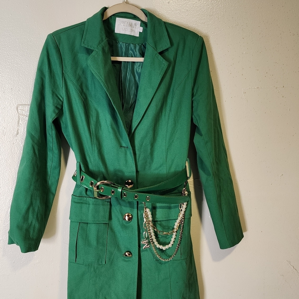Emerald Green Women's Long Blazer Coat with Belt Missing Top Button